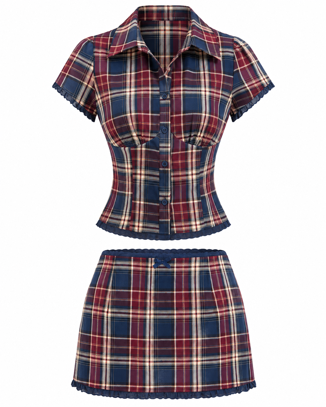 Plaid Collar Blouse And Mid Rise Lace Set