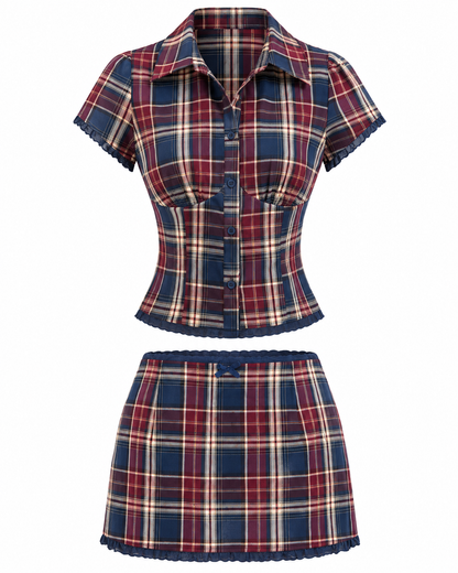 Plaid Collar Blouse And Mid Rise Lace Set