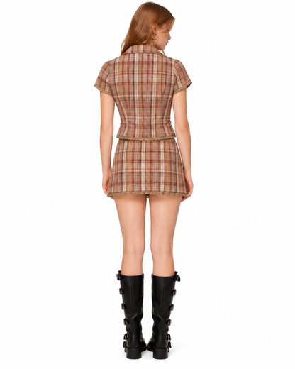 Plaid Collar Blouse And Mid Rise Lace Set