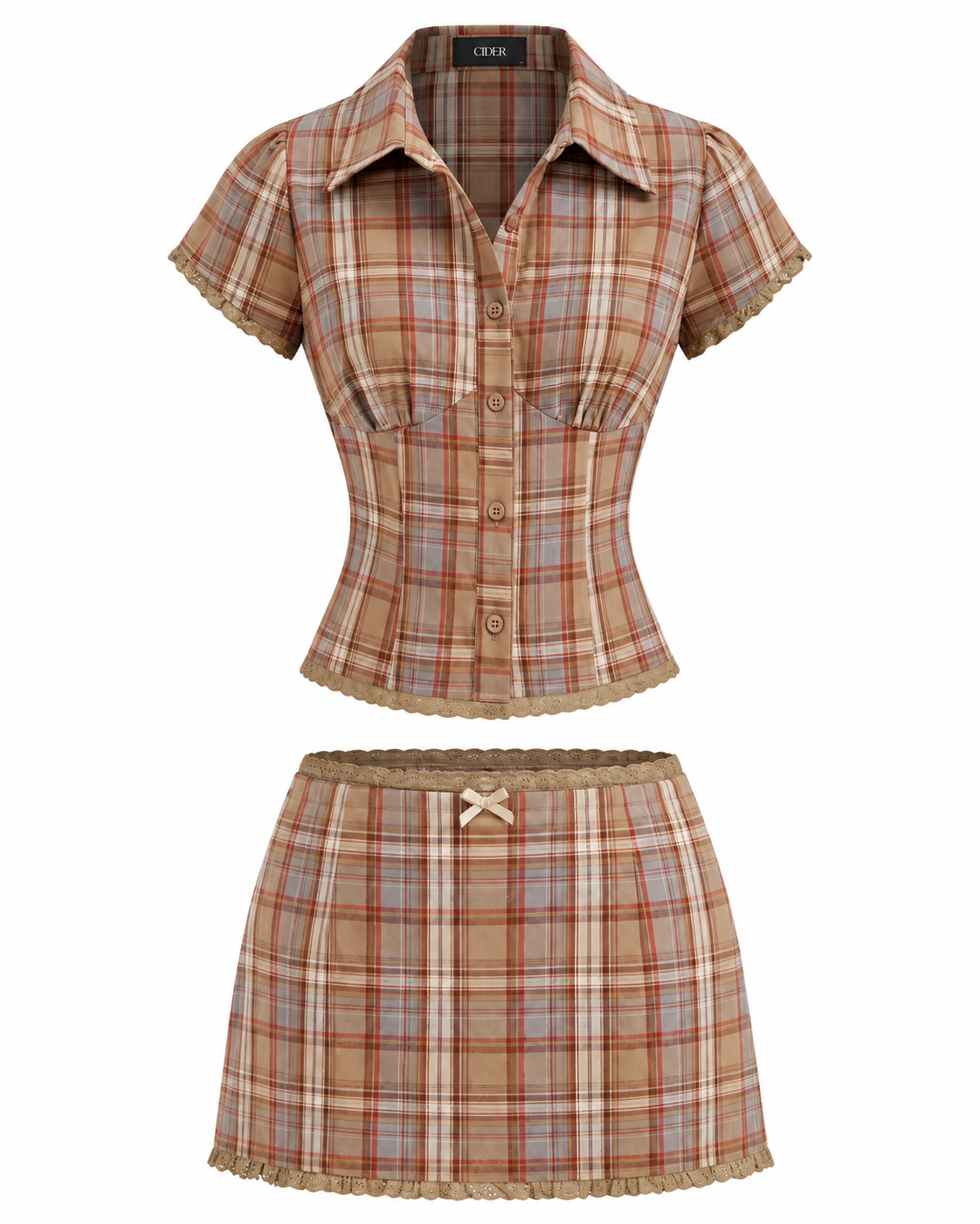 Plaid Collar Blouse And Mid Rise Lace Set